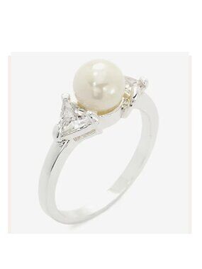Sparkle Allure 3-Stone Pearl & CZ Cocktail Ring | Silver Over Brass | Elegant St